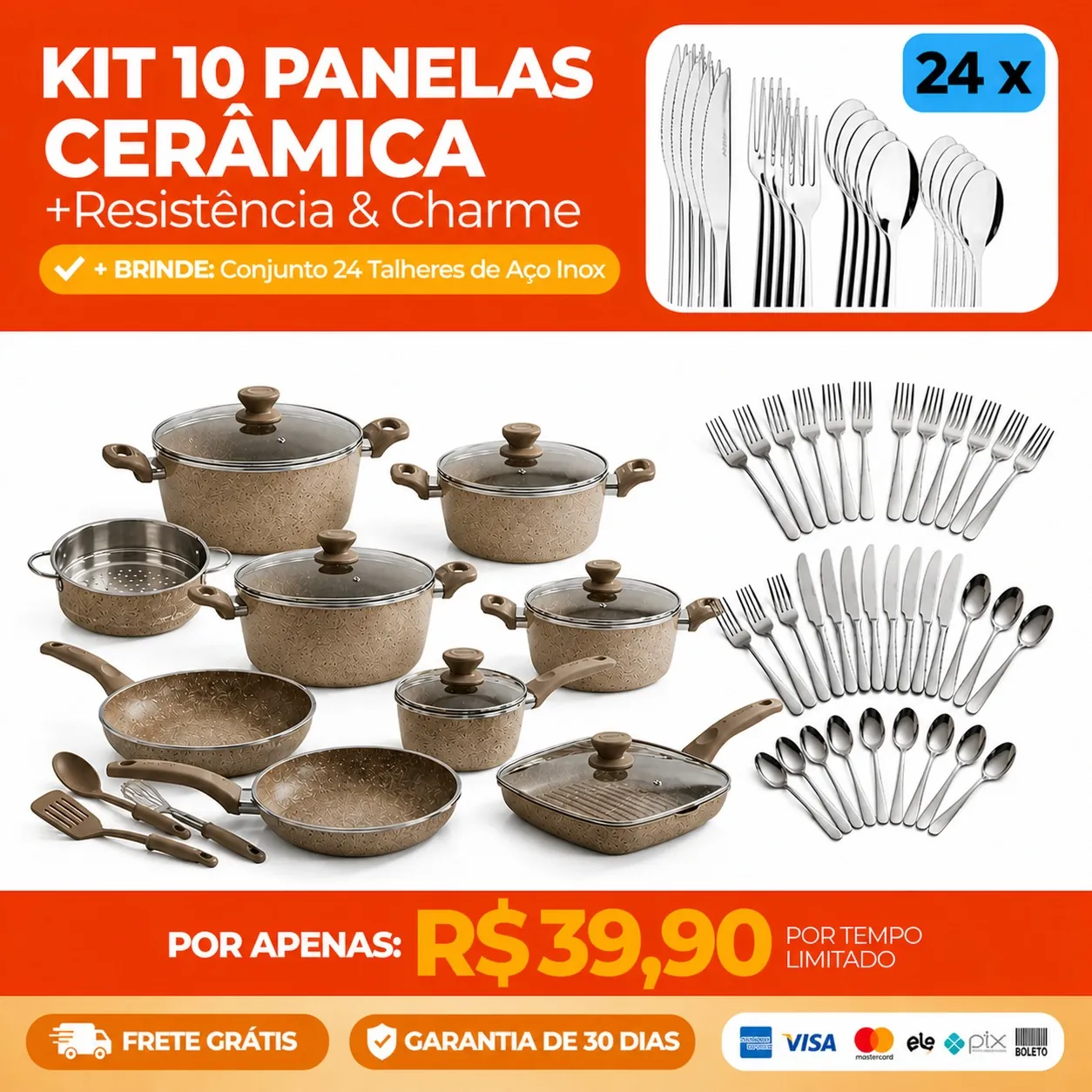 🍳 KIT Jogo de Panela 10 peças ANTIADERENTE + Jogo de Talheres 24 peças AÇO INOX de BRINDE